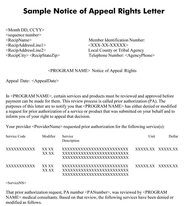 Sample Notice of Appeal Rights Letter Page 1