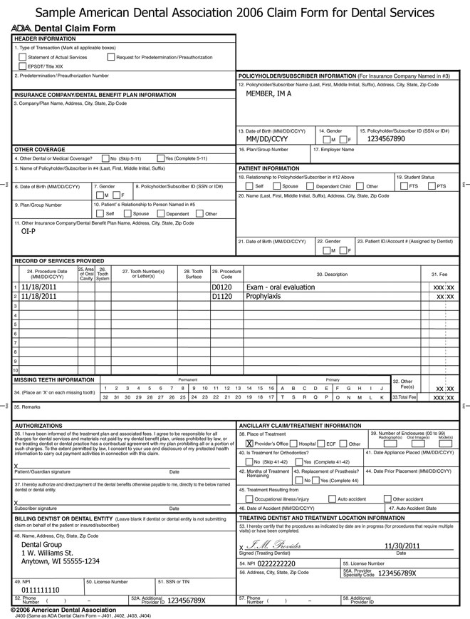 Sample American Dental Association 2006 Claim Form