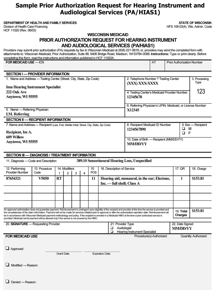 Sample PA Request for Hearing Instrument and Audiological Services