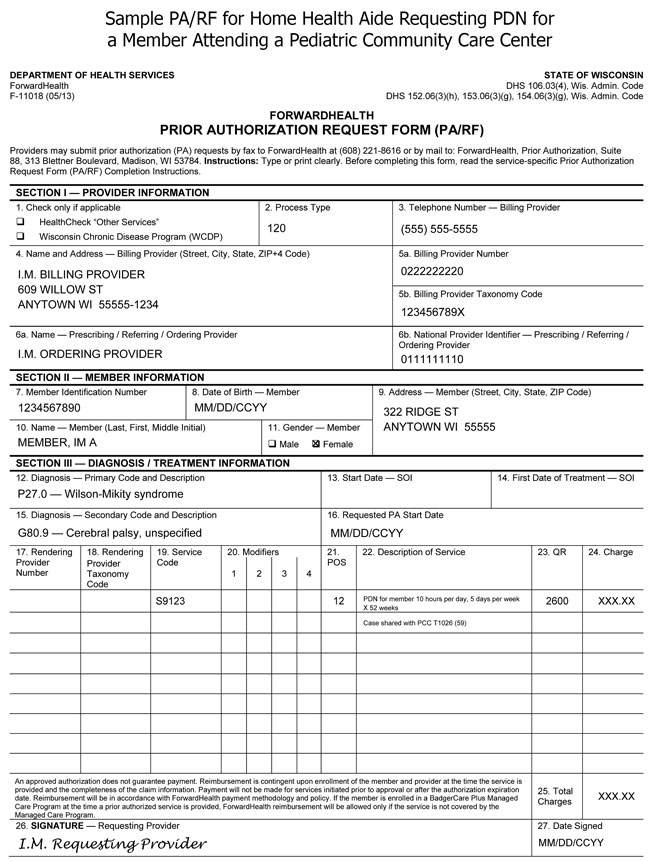 Sample PA/RF for Home Health Aide Requesting PDN for Member in a Pediatric Community Care Center