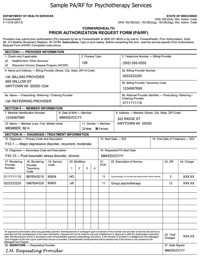 Sample PA/RF for Psychotherapy Services