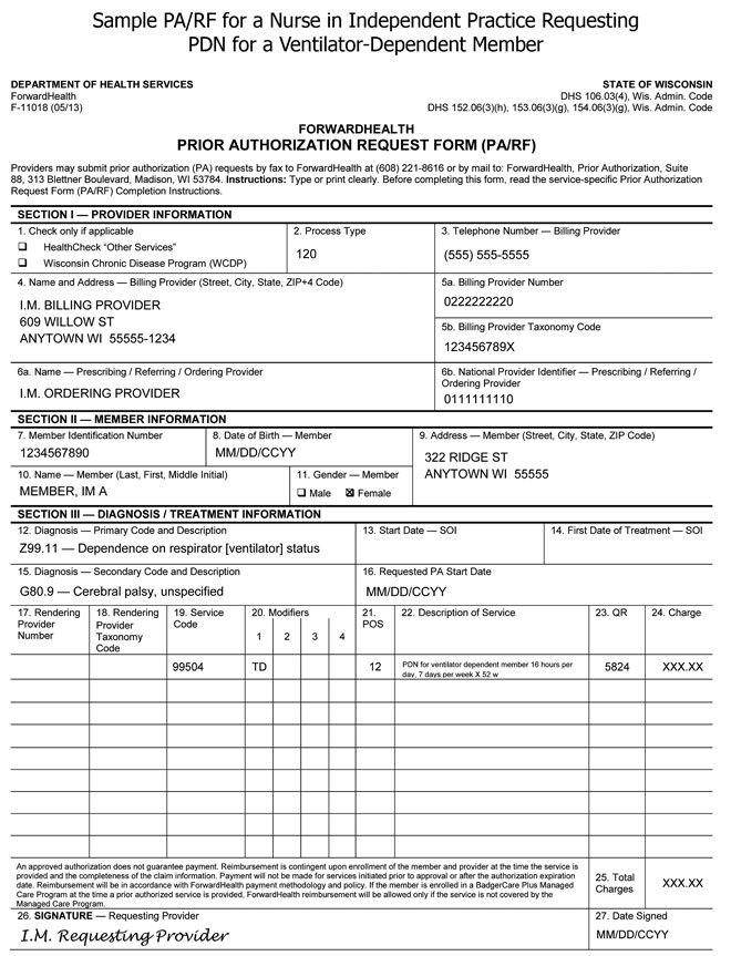 Sample PA/RF for Independent Practice Nurse Requesting PDN for Ventilator-Dependent Member