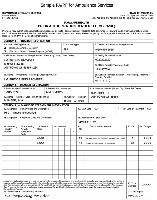 Sample PA/RF for Ambulance Services