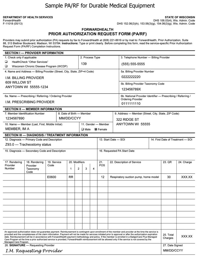 Sample PA/RF for Durable Medical Equipment