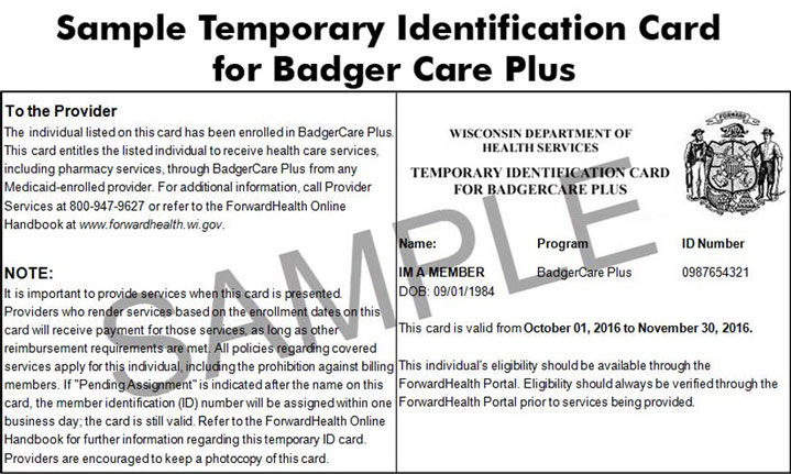 Sample Temporary ID Card for BadgerCare Plus