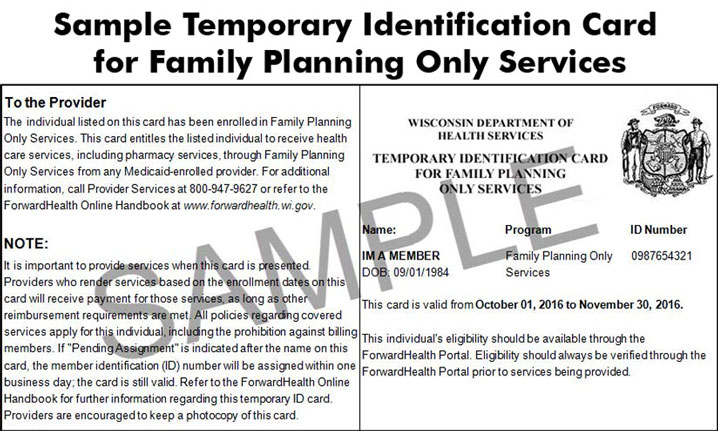 Sample Temporary ID Card for Family Planning Only Services