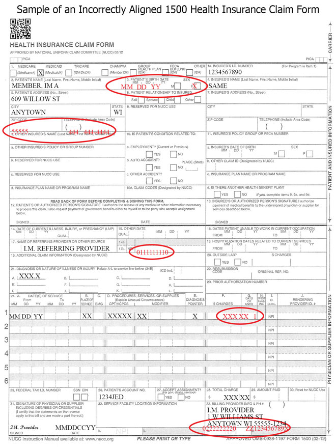 Incorrectly Aligned Sample 1500 Health Insurance Form