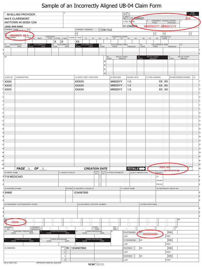 Incorrectly Aligned Sample UB-04 Claim Form